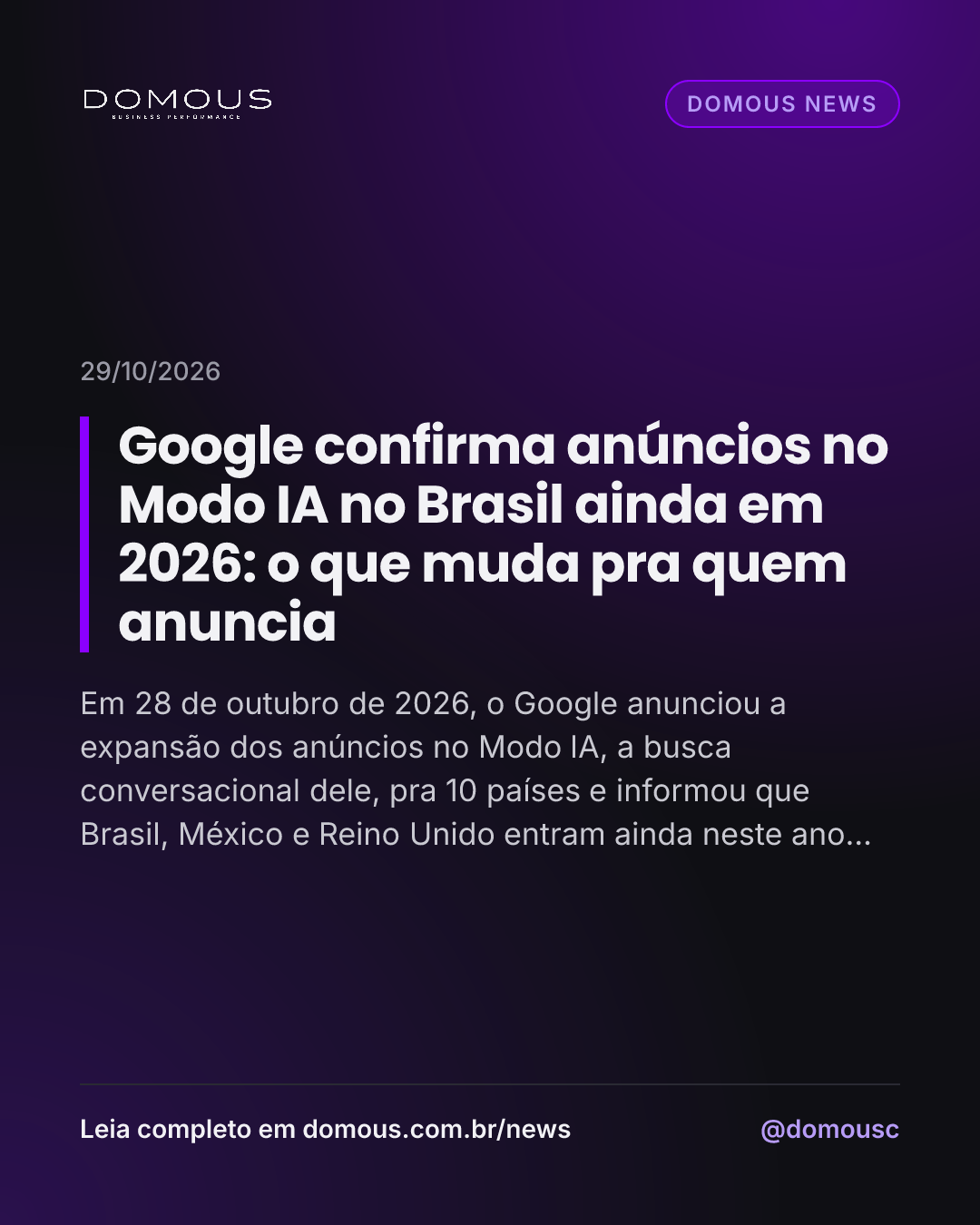 Arte de post: Google confirma anúncios no Modo IA no Brasil ainda em 2026: o que muda pra quem anuncia